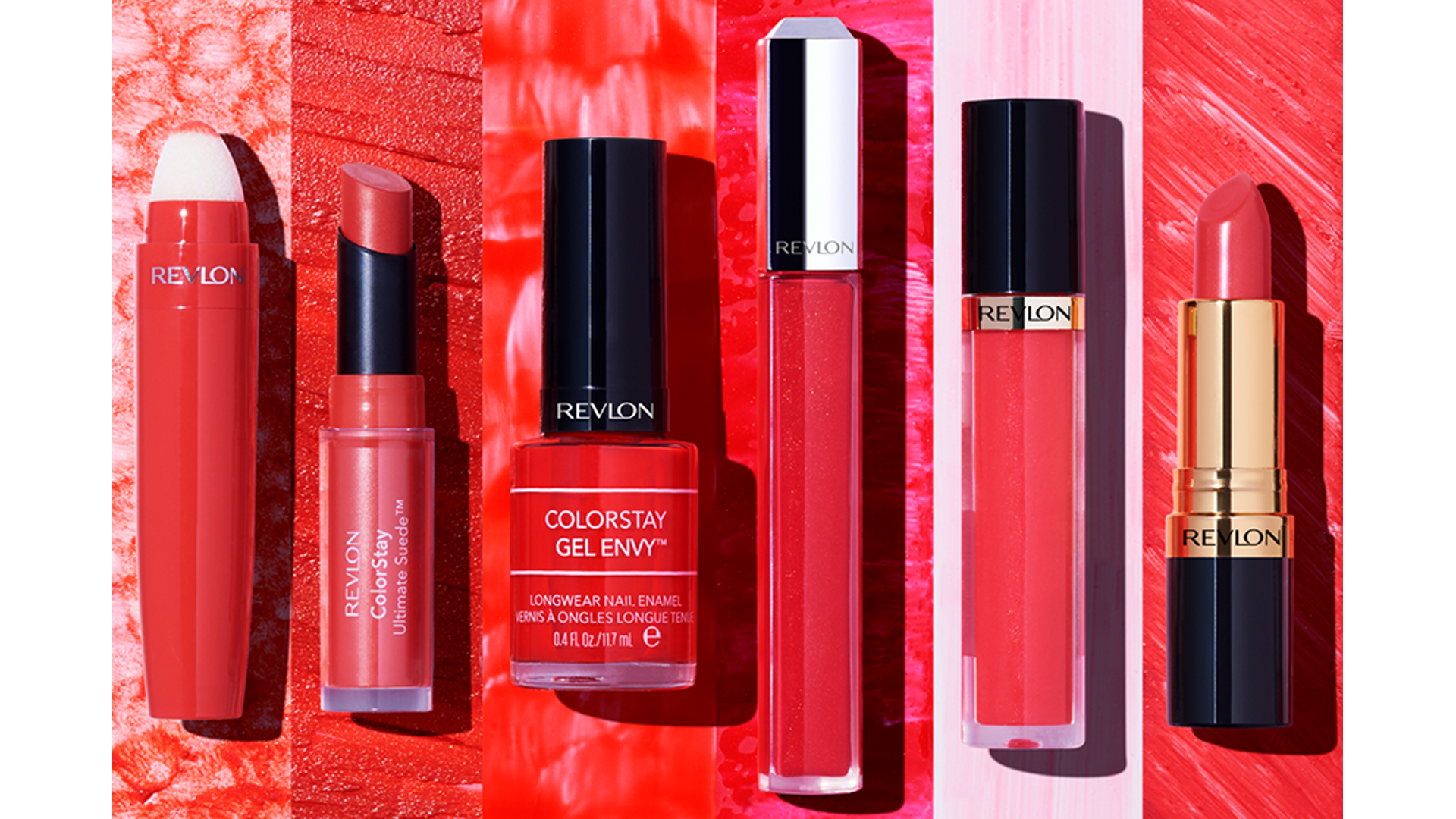 Revlon group product shot on red backgrounds